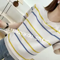 短袖条纹针织衫女春装新款时尚洋气宽松打底衫休闲上衣百搭薄