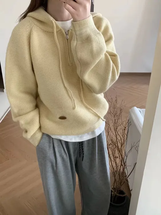 慵懒半拉链连帽抽绳毛衣套头女宽松秋冬减龄加厚内搭针织卫衣帽衫