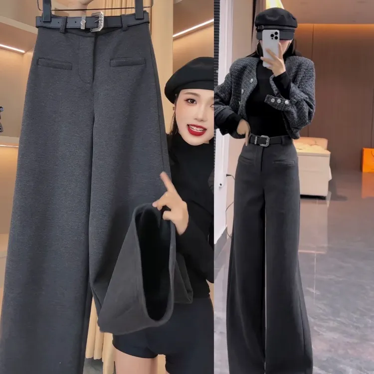 加绒阔腿裤女2025秋冬网红爆款高腰显瘦宽松直筒休闲裤垂感拖地裤