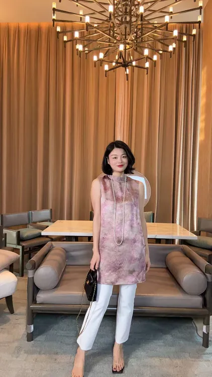  TANTAN 人丝金丝粉色旗袍领无袖衬衫1567