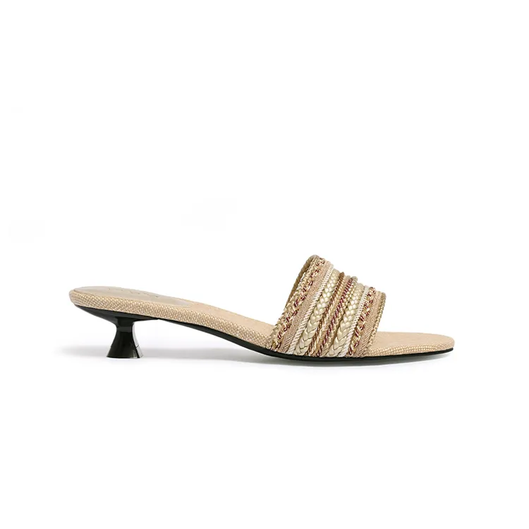 unfolio2025春夏新款小猫跟条带拖鞋手工编织凉鞋