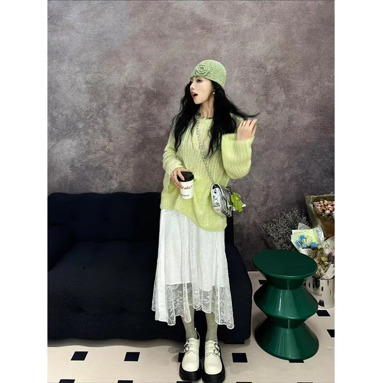 甜美风软糯舒适多巴胺宽松长袖针织上衣高腰百搭小众蕾丝半身裙女