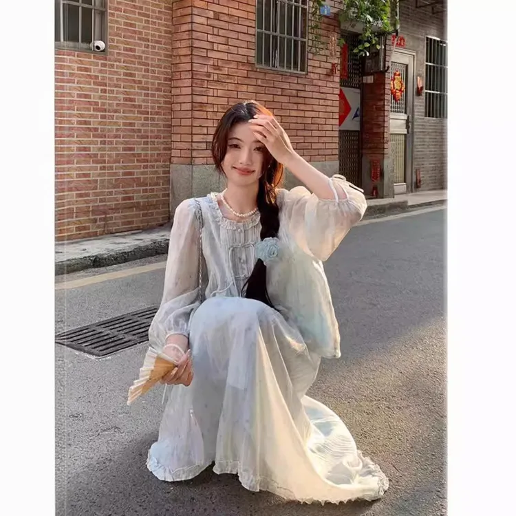 新中式薄荷曼波套装女夏季国风晕染印花盘扣衬衫字半身裙两件套