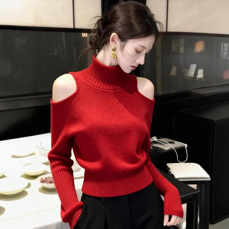红色露肩高领毛衣女秋冬慵懒高级感上衣独特超好看洋气针织打底衫
