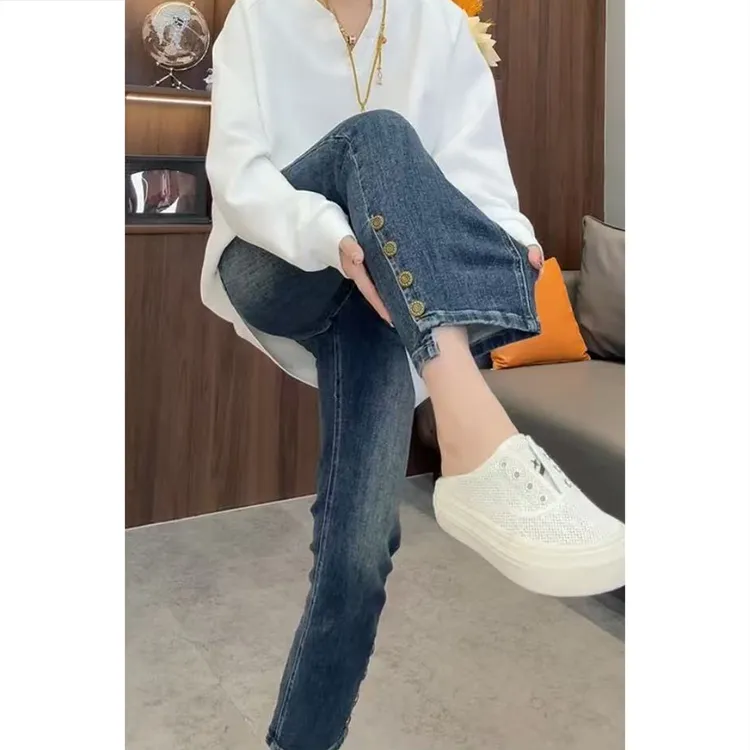 艾塔莉早秋烟管裤牛仔裤微弹力极简风显瘦修身女裤秋季直筒裤长裤