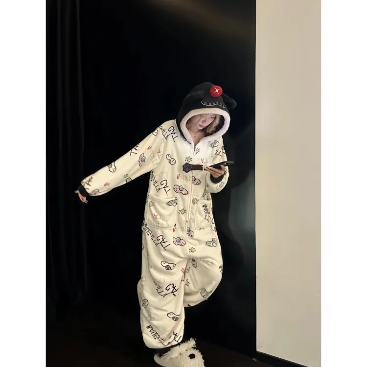 韩版慵懒风毛绒卡通印花连帽珊瑚绒睡袍女秋冬加厚保暖家居服睡衣