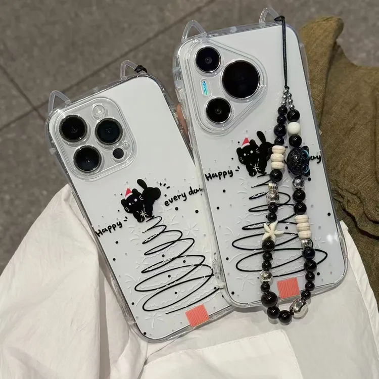 圣诞树黑猫挂链适用苹果17/16promax猫耳手机壳小米vivo华为oppo