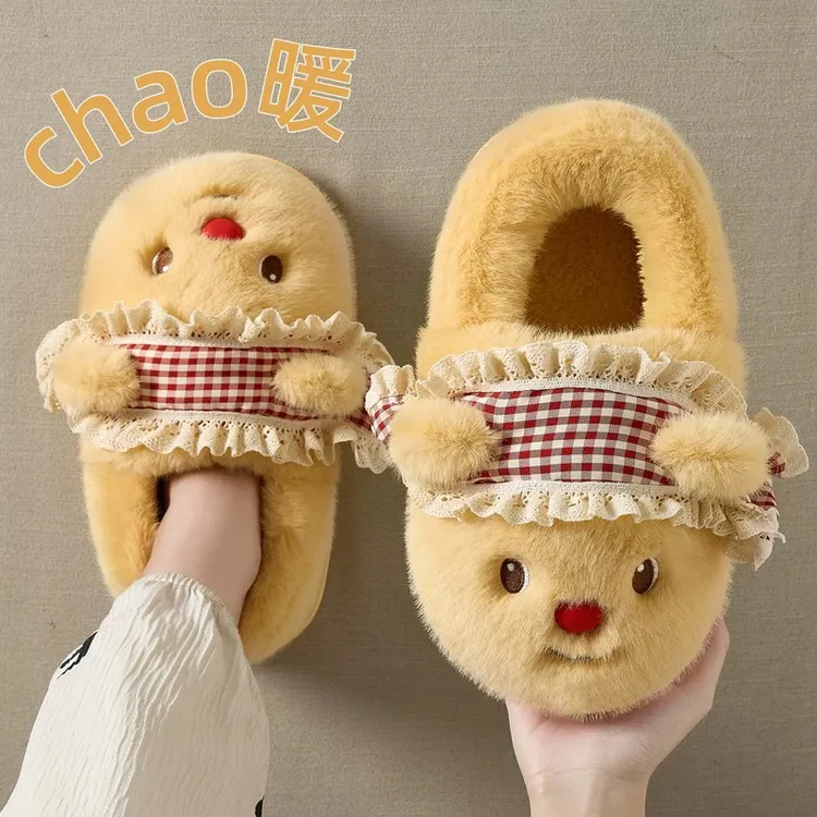 软萌小熊包头毛绒棉拖鞋女款冬季室内家居保暖厚底防滑包跟棉鞋
