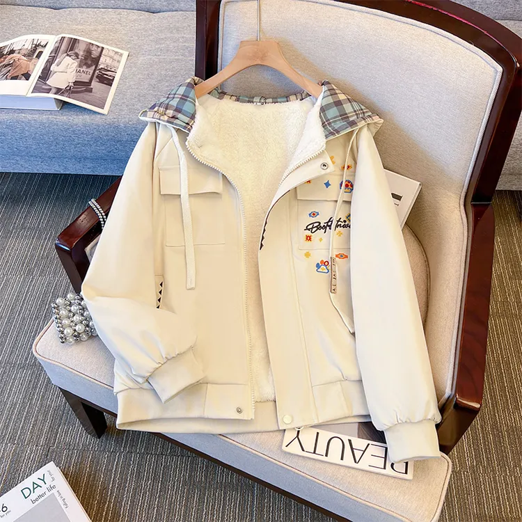 少女孩初中高中学生外套女冬季加绒加厚保暖棉衣宽松休闲连帽棉服