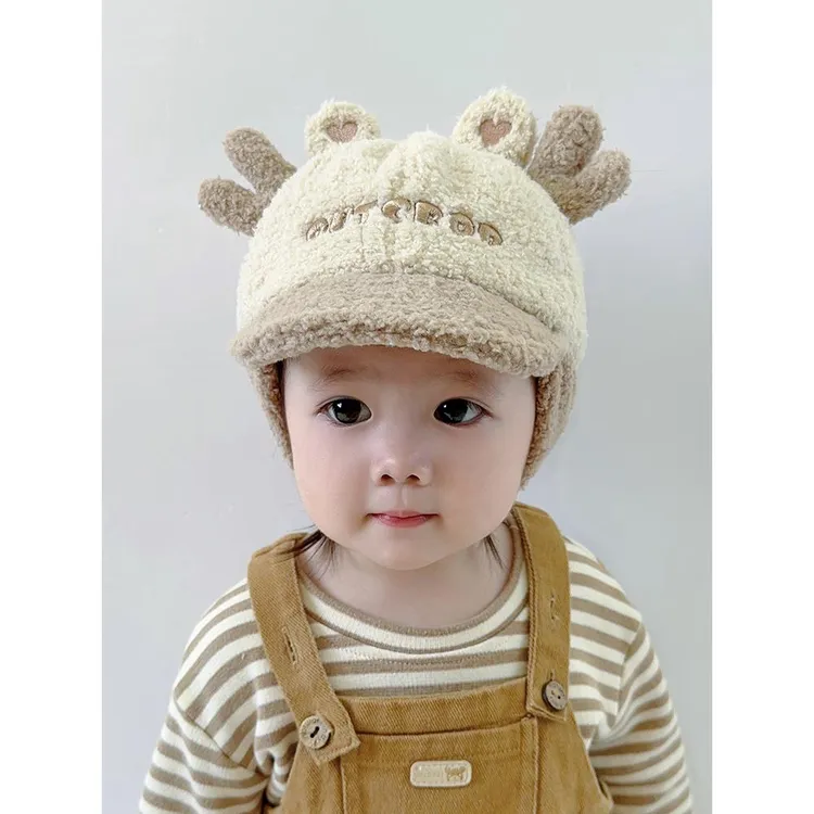 婴儿帽子秋冬季男女宝宝软檐毛绒鸭舌帽婴幼儿冬天保暖护耳棒球帽