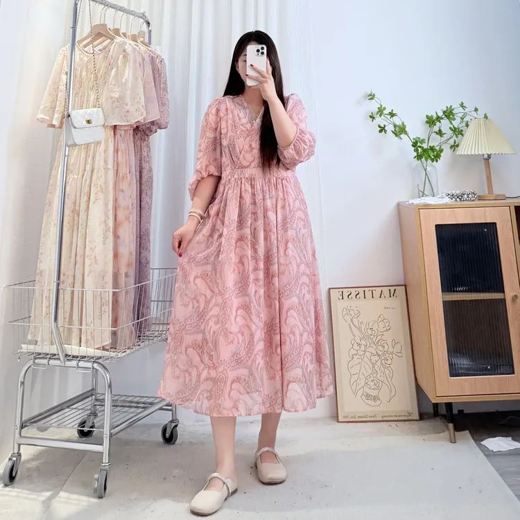 气质显白【粉红回忆】高腰显瘦宽松舒适大码中长款防晒中袖连衣裙