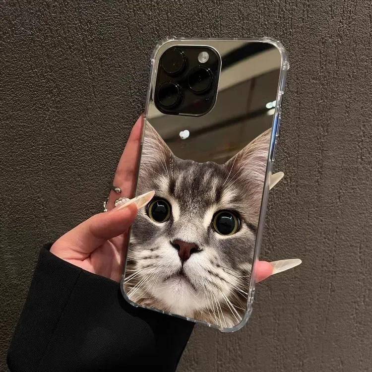 缅因猫镜面手机壳适用iPhone16promax情侣款15苹果14女1312可爱XR