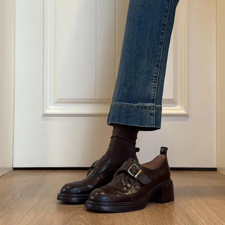 羊皮版~复古皮带扣厚底乐福鞋女加绒通勤粗跟一脚蹬英伦风小皮鞋