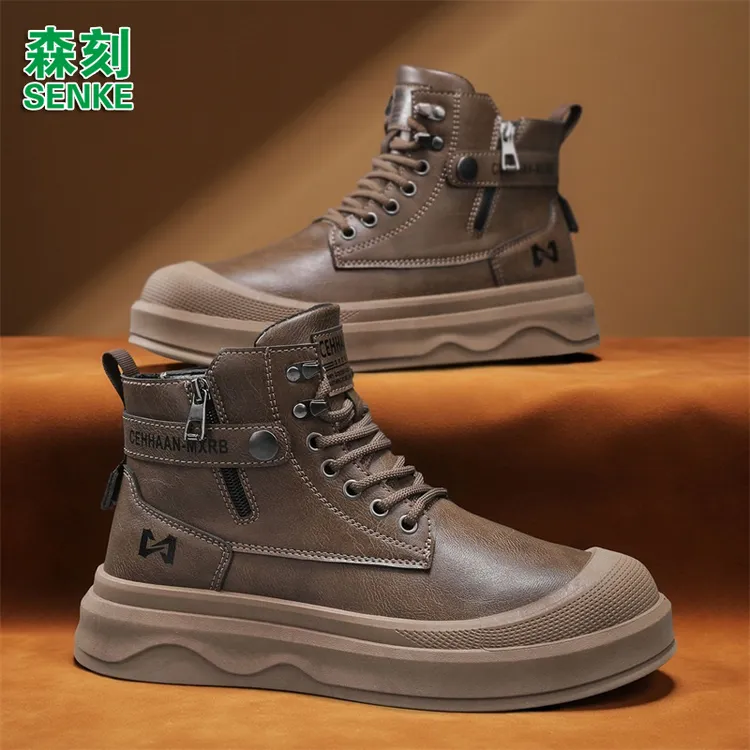 森刻男鞋2025秋冬新款厚底内增高工装靴皮面防水百搭高帮马丁靴男