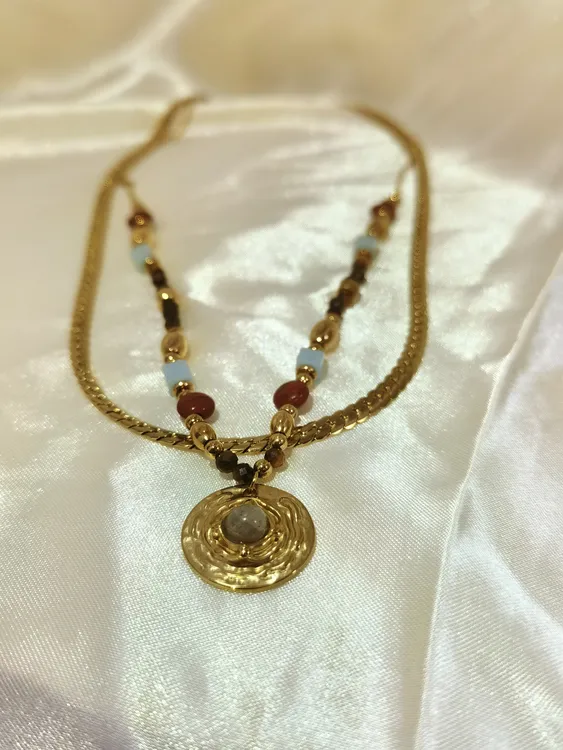 不锈钢项链 圆形世界风珠珠风欧美风圈圈复古精美简约