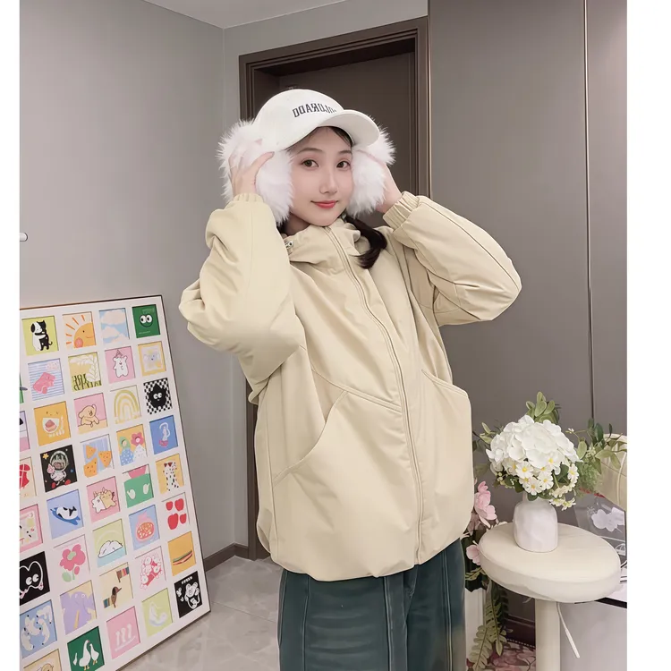 【加棉加厚】2025新款秋冬季连帽冲锋衣宽松百搭夹克上衣外套女款