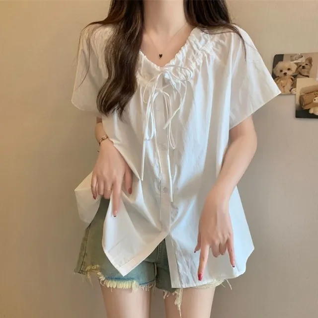 今年流行娃娃衫V领白色短袖衬衫女夏季大码胖mm宽松遮肚减龄上衣