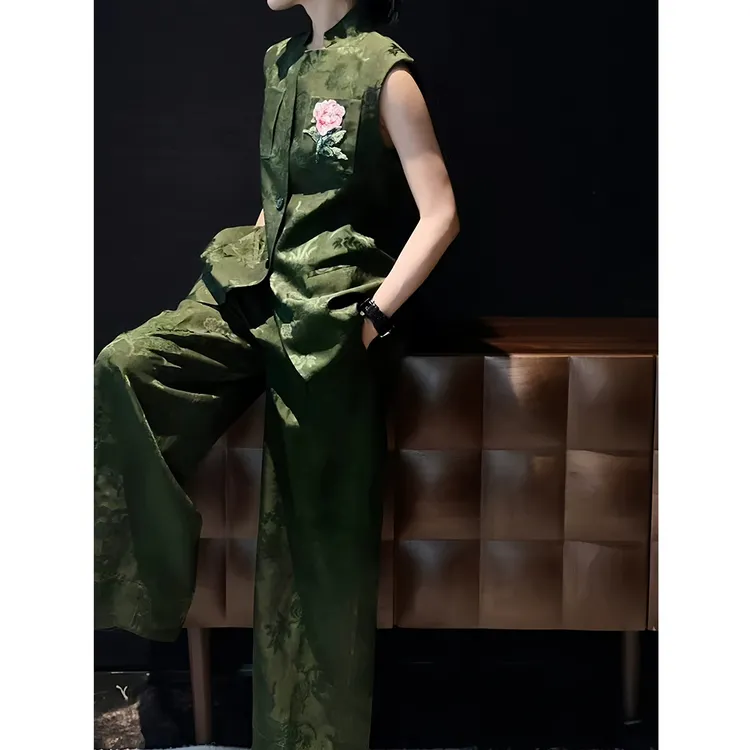 高定职业女装设计感国风醋酸提花马甲上衣阔腿裤通勤两件套民族风