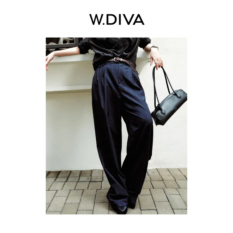 W.Diva【金街】100羊毛藏青条纹直筒裤垂感休闲宽松长裤女51K281321