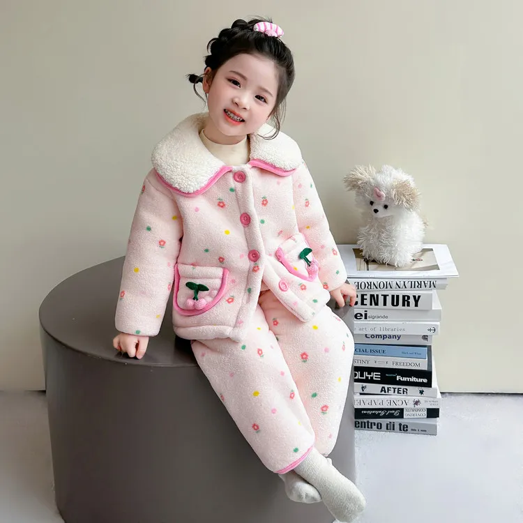女童法兰绒睡衣加绒加厚冬季新款女孩宝宝三层夹棉儿童冬款家居服