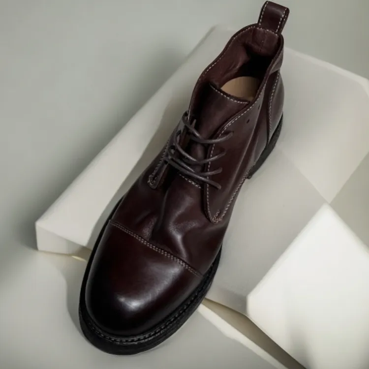 手工鞋三接头重工水洗马皮复古英伦风男士中帮厚底工装系带马丁靴