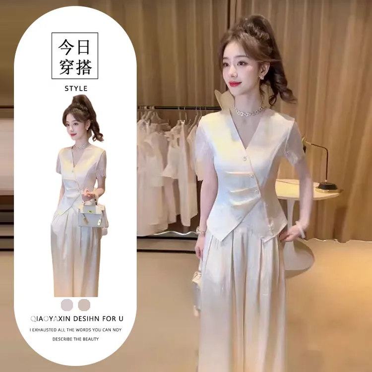 夏季超火高级气质轻奢米白拼接上衣女高腰显瘦松紧腰休闲裤两件套