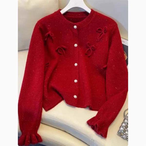 韩系蝴蝶结长袖新年红色毛针织衫女2024新款时尚气质显瘦百搭上衣
