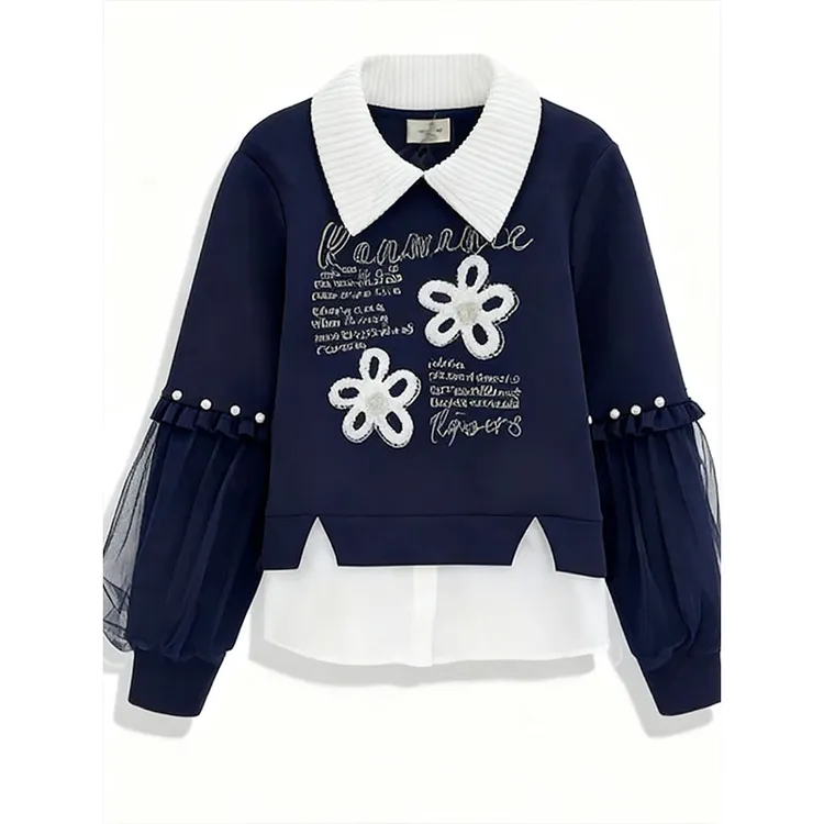 高级感花朵钉珠翻领假两件网纱拼接卫衣女2025秋冬新款减龄上衣潮