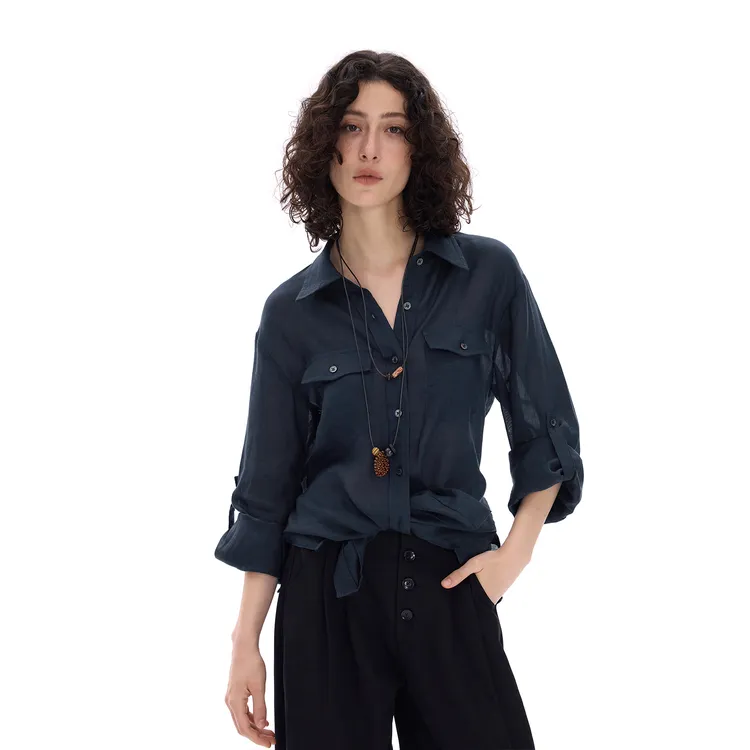 INTERRIS天丝苎麻薄款抗皱结构设计手工卷袖边宽松休闲防晒衬衫女