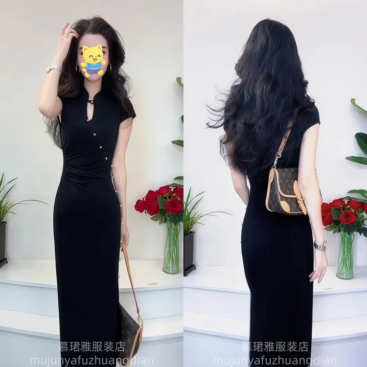 黑色改良款旗袍显瘦显年轻夏季新款高级感复古新中式连衣裙