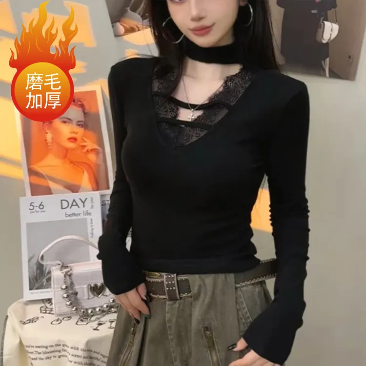 性感辣妹风内搭长袖T恤2025加绒秋冬V领蕾丝花边挂脖打底衫女