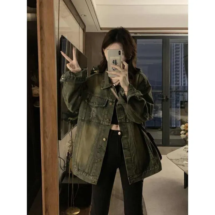 【小Q专属】复古做旧破洞牛仔外套女春秋新款宽松百搭显瘦炸街上衣