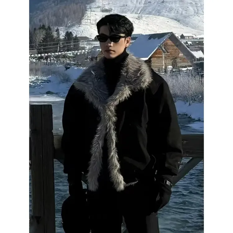 AKOM夏夏同款2025冬季座山雕新款皮毛一体短款加厚保暖翻领外套