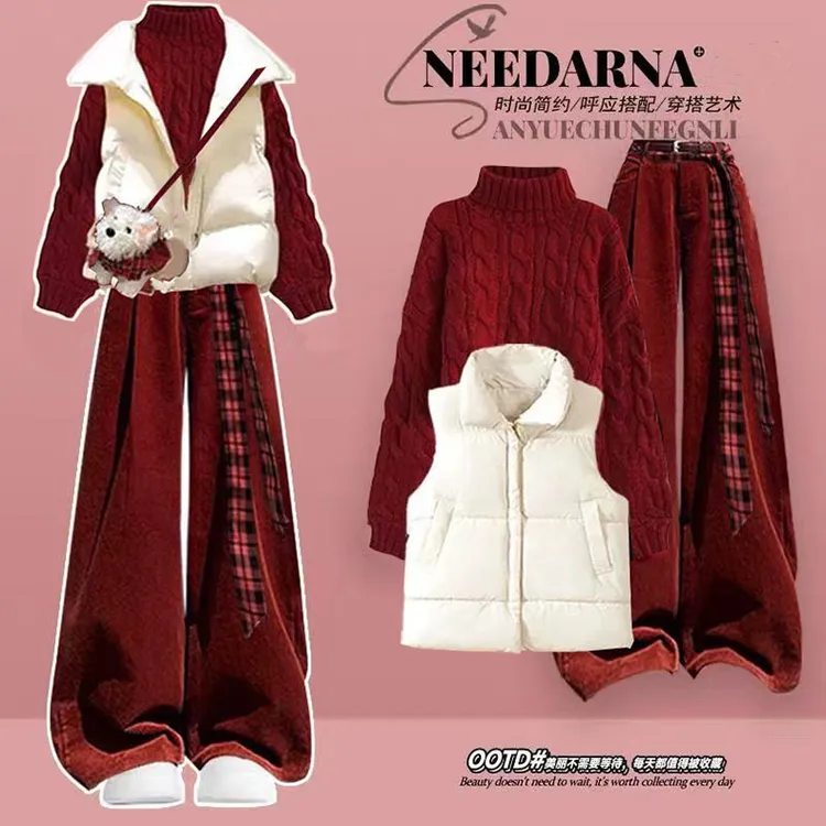 2025冬季套装女圣诞红色高领毛衣马甲棉服时尚高腰阔腿裤三件套