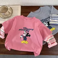 儿童假两件T恤男长袖秋季新款小童卡通上衣宝宝条纹打底衫女洋气