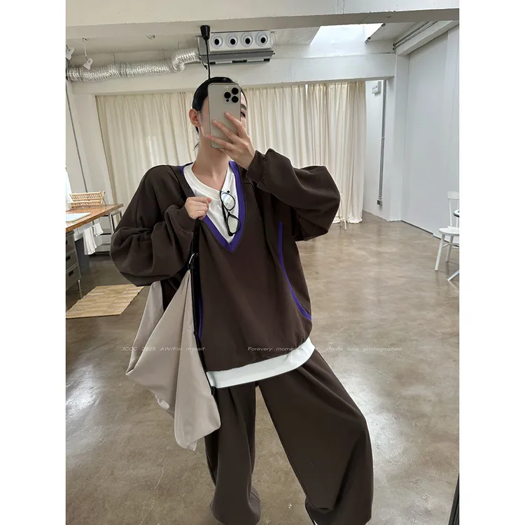 JCCC影子【非欧几何】咖色复古撞色运动风卫衣长裤套装JE5BAZ13