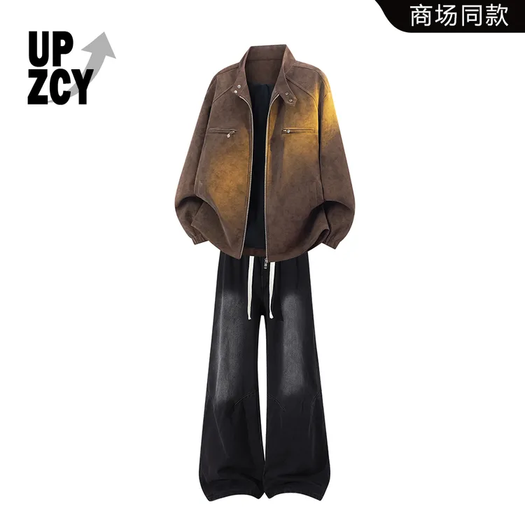 UPZCY复古风立领pu皮衣夹克套装男秋冬季渐变色痞帅牛仔裤两件套