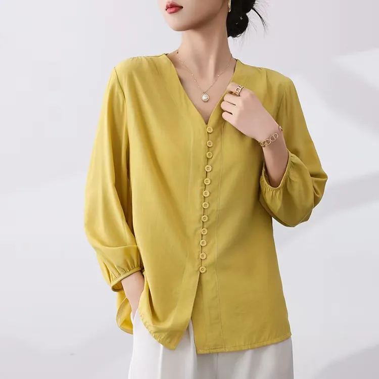 【刘营专属】夏季爆款铜氨丝冰凉透气宽松百搭V领衬衣