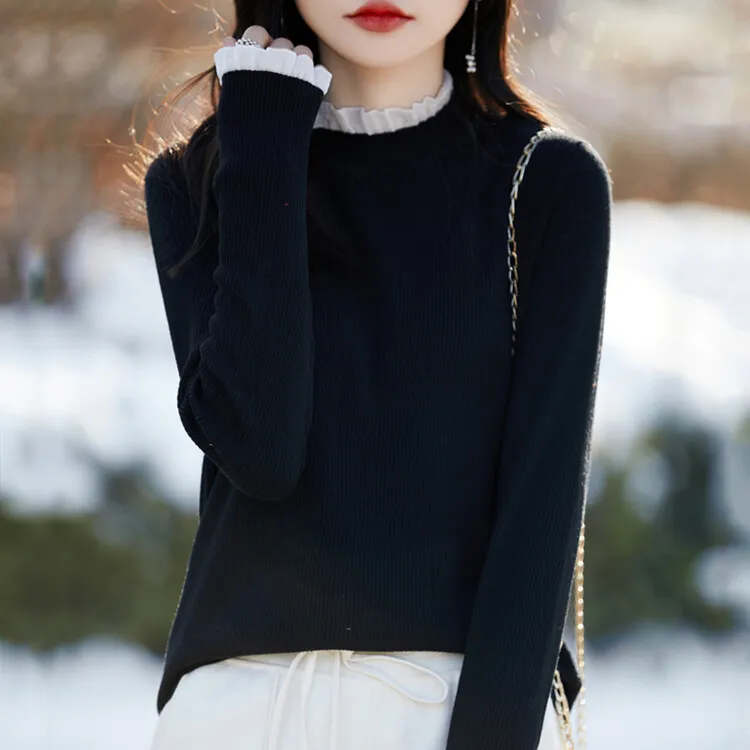 鄂尔多斯市纯100羊毛衫长袖上衣女花边蕾丝显瘦弹力衫女款羊毛衫