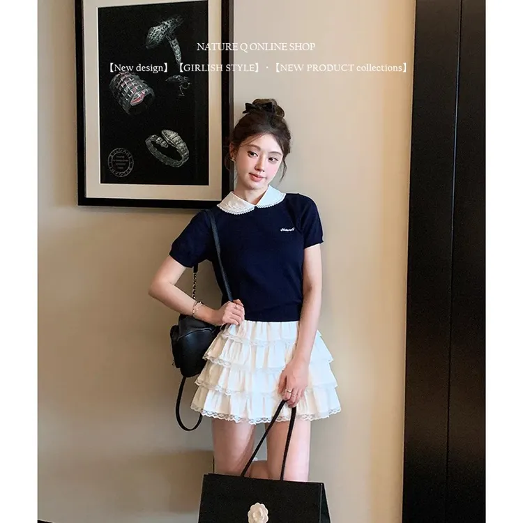 MIU系穿搭学院风娃娃领针织短袖T恤女夏季减龄撞色假两件短款上衣