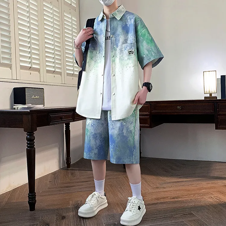 纯棉短袖衬衫男套装夏季痞帅休闲五分袖衣服渐变色印花衬衣两件套