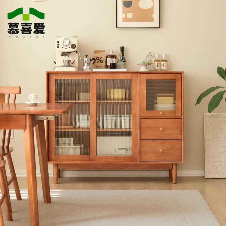 【上新】实木餐边柜推拉门餐厅收纳储物柜家用樱桃木色咖啡茶水柜