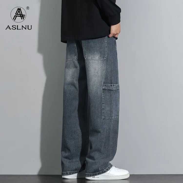 美式美拉德牛仔裤男夏季潮牌做旧阔腿长裤高街设计感百搭工装裤子
