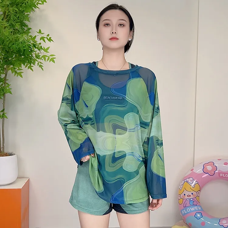 大码泳衣女超仙遮肉保守冬泡温泉微胖mm宽松长袖罩衫防晒分体泳装