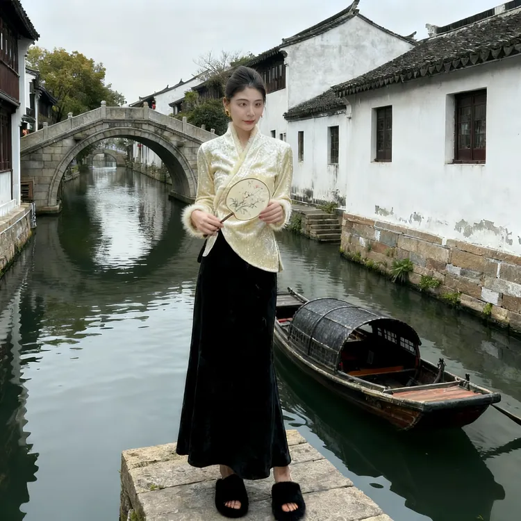 嫚黛雅 暮雪 Designer 冬季百搭兔毛水晶绒上衣新中式ins斜襟气质