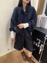 159区803藏青色韩系时尚简约立领短款外套