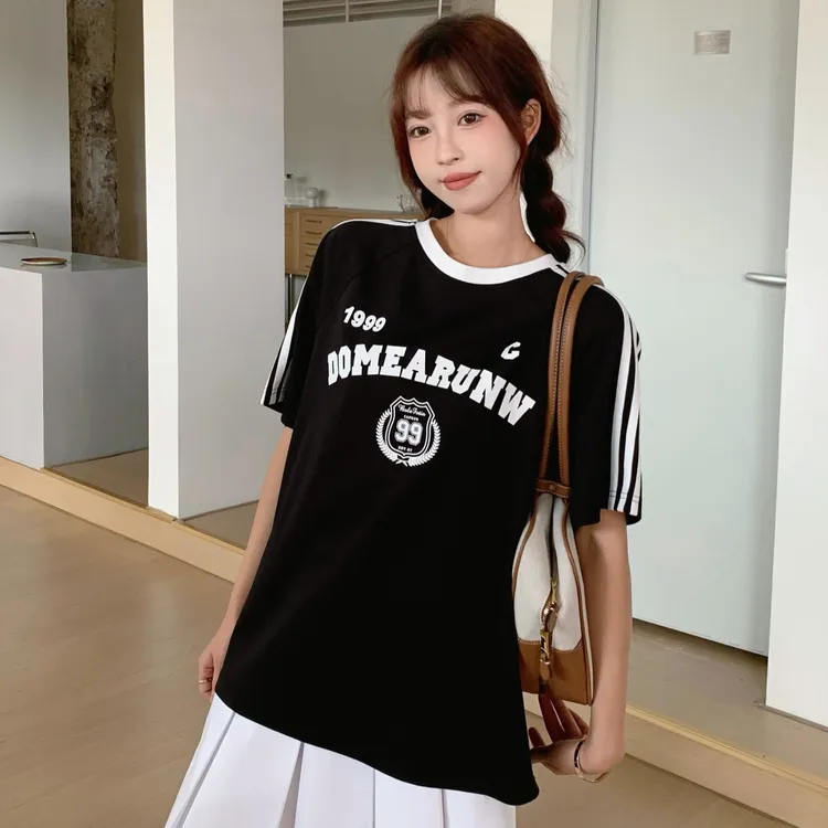 夏季新款韩系设计感宽松显瘦圆领短袖T恤潮牌撞色女装
