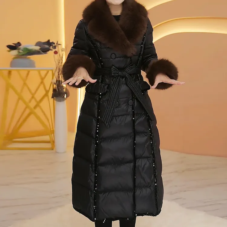 时尚长款带毛领加厚羽绒服女2025冬季新款气质优雅白鸭绒保暖外套