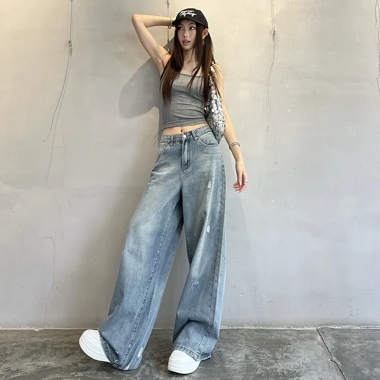 2025夏季复古水洗抓痕牛仔裤女宽松高腰显瘦直筒阔腿裤拖地裤长裤