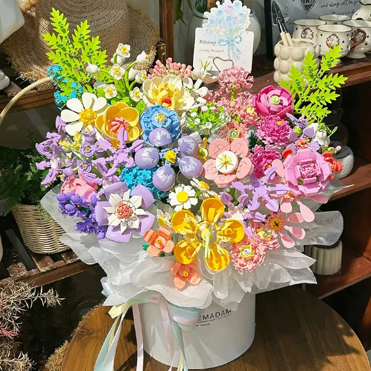 中国积木花束仿真花朵材料包一整套拼装玩具送男女友闺蜜生日礼物